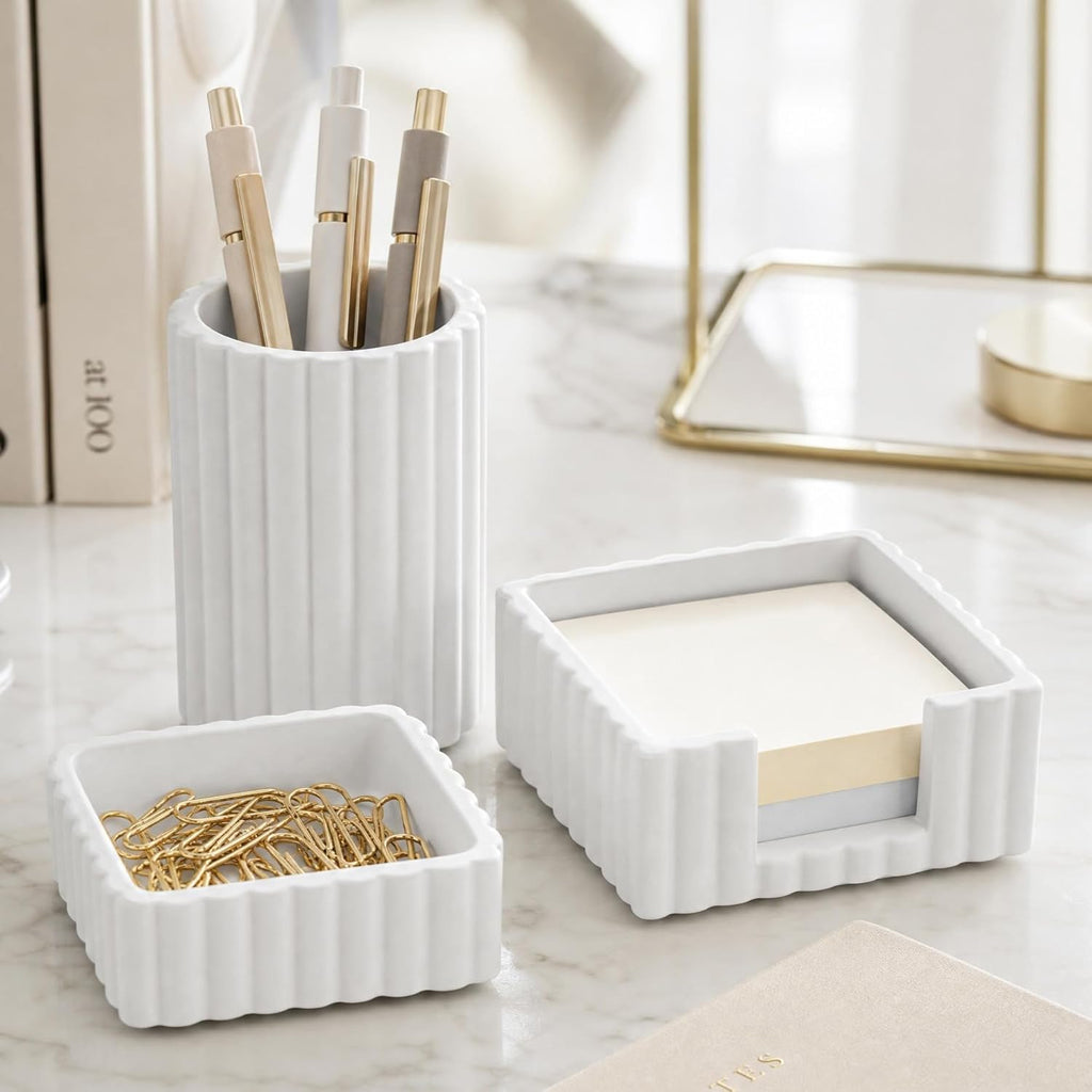 Modern Aesthetic Desk Accessories Set of 3 - Stylish Concrete Organizers for Pens & Office Supplies - a Cute and Functional Addition to Your Workspace Decor