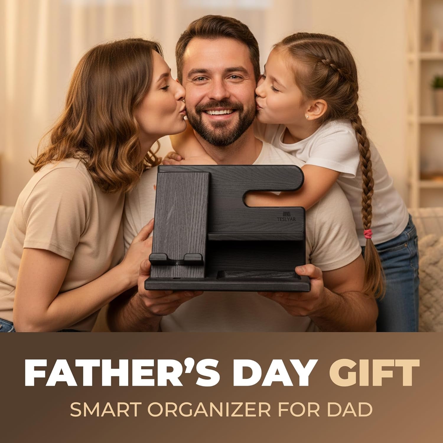 Wood Phone Docking Station for Men - Desktop or Nightstand Organizer - Birthday Gifts for Men, Dad - Anniversary Idea from Wife - Key Holder, Stand Wallet, Watch & Essentials (Granite Black)