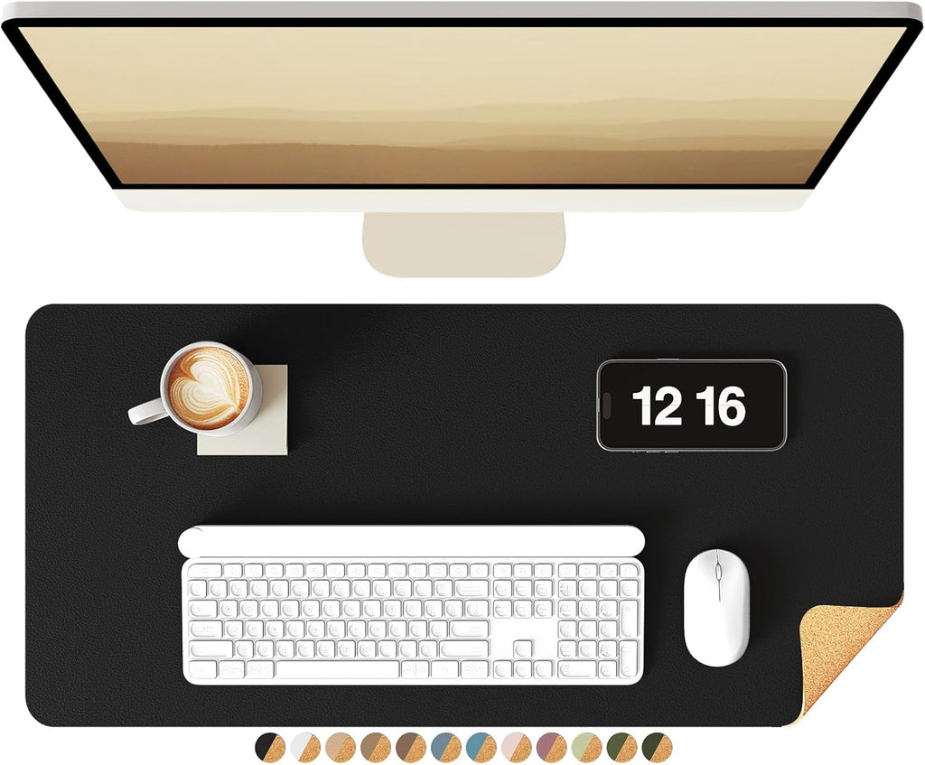 Double-Sided Desk Pad, Leather Desk Mat, Eco Cork Desk Pad Protector, Large Mouse Pad for Desk, Waterproof Desk Blotter Pad, Desk Writing Pad for Office Work/Home(23.6"X13.7",Black+Cork)
