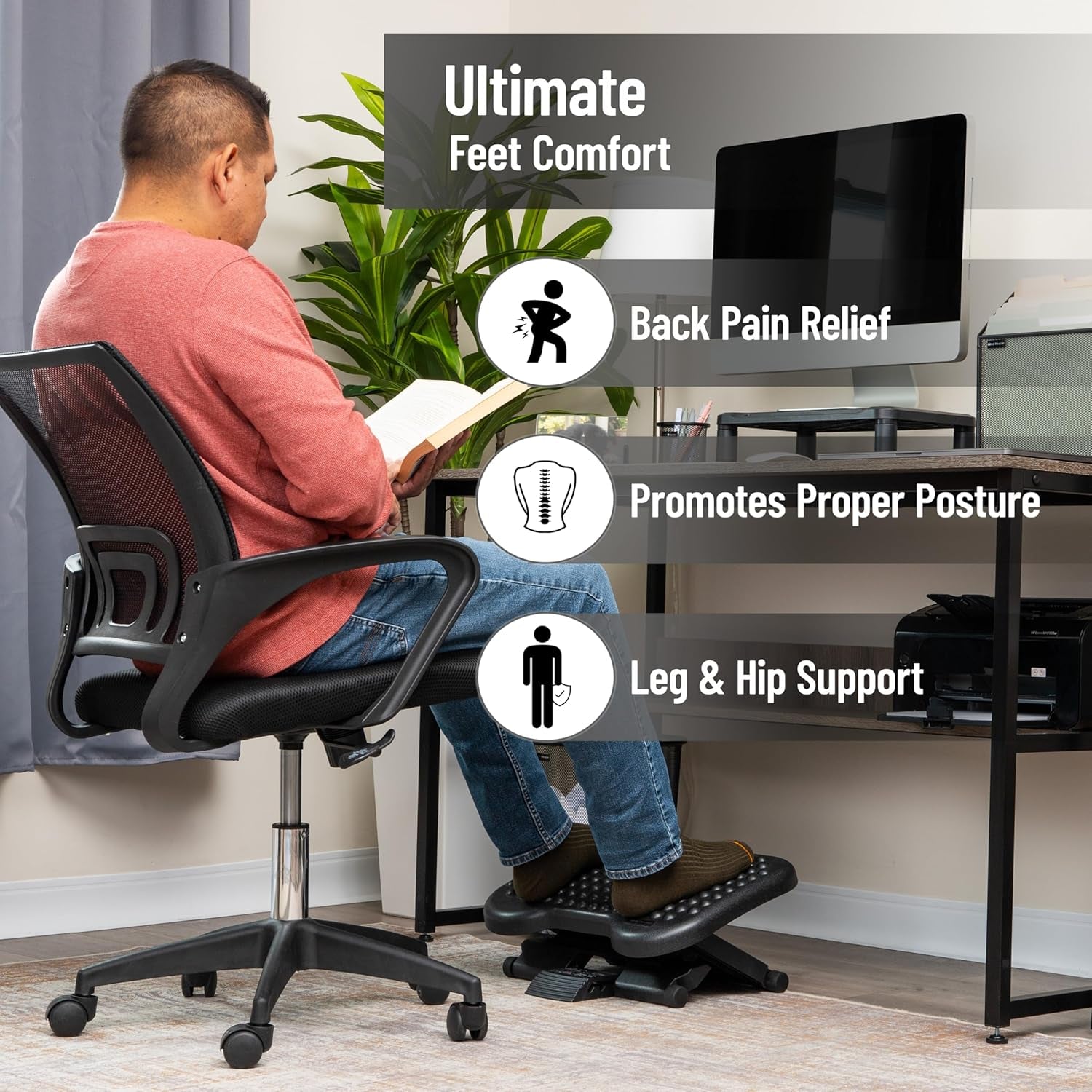 Foot Rest, under Desk at Work, Ergonomic, Height Adjustable, Office, Plastic, Black