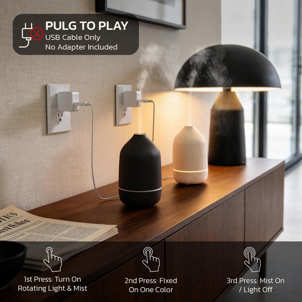Essential Oil Diffuser, 2Pack, 100Ml Aromatherapy Diffuser, Mini Ultrasonic Diffuser for Essential Oil, Home, Office, Cool Mist Humidifier with 7 Led Light, Auto Shut-Off, White & Black