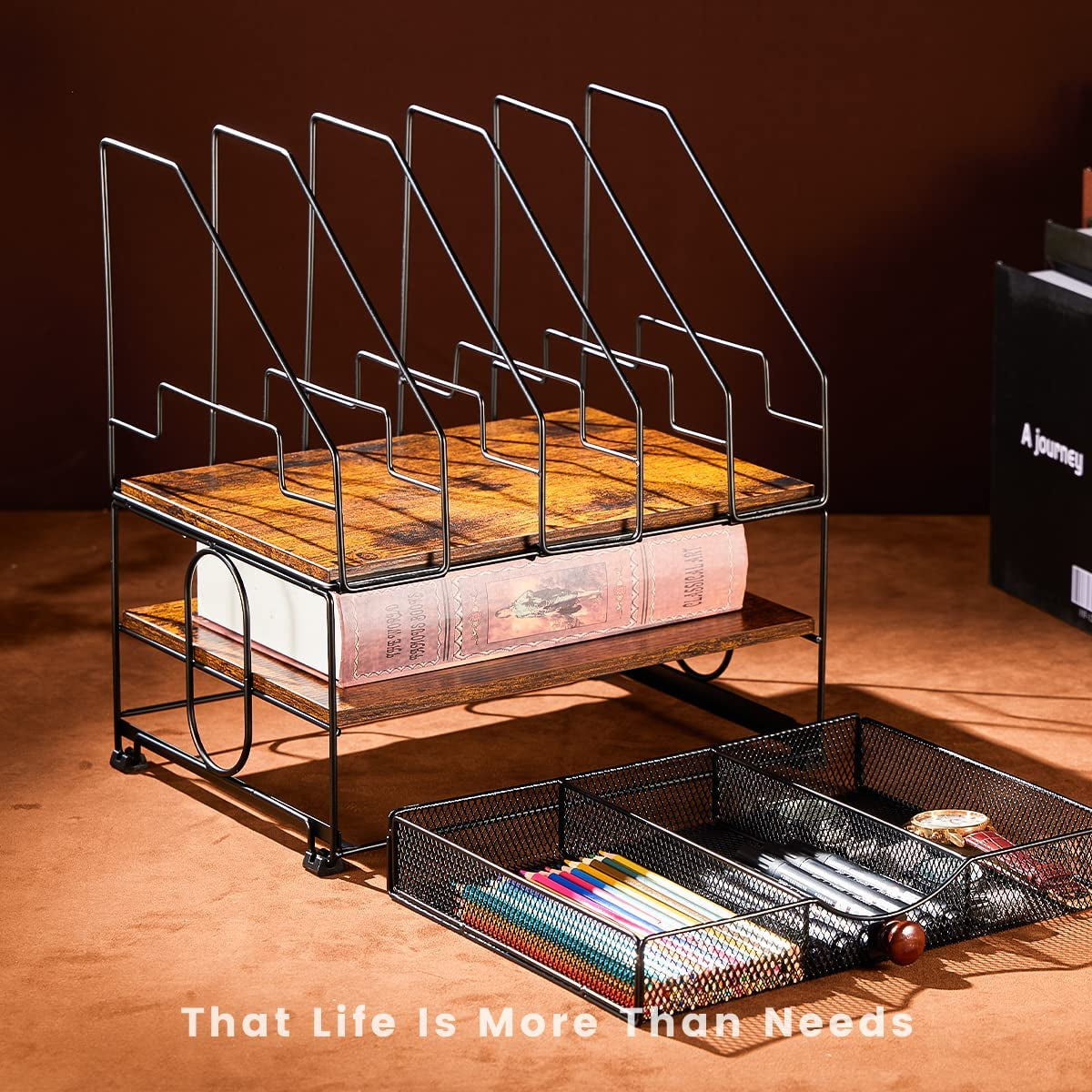 Desk Organizers, File Organizer for Desk, Wood Desk Organizer, Desktop File Organizer with Drawer, with 5 Upright File Holder Sorters, for Office Supplies Folder Organizer