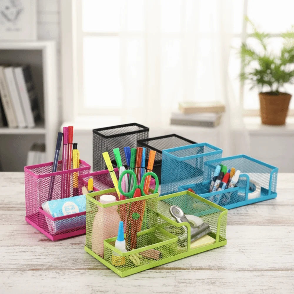 3/4 Grid Metal Mesh Pen Holder Large Capacity Creative Pencil Storage Box Hollowed-Out Multi-Purpose Desktop Storage Container