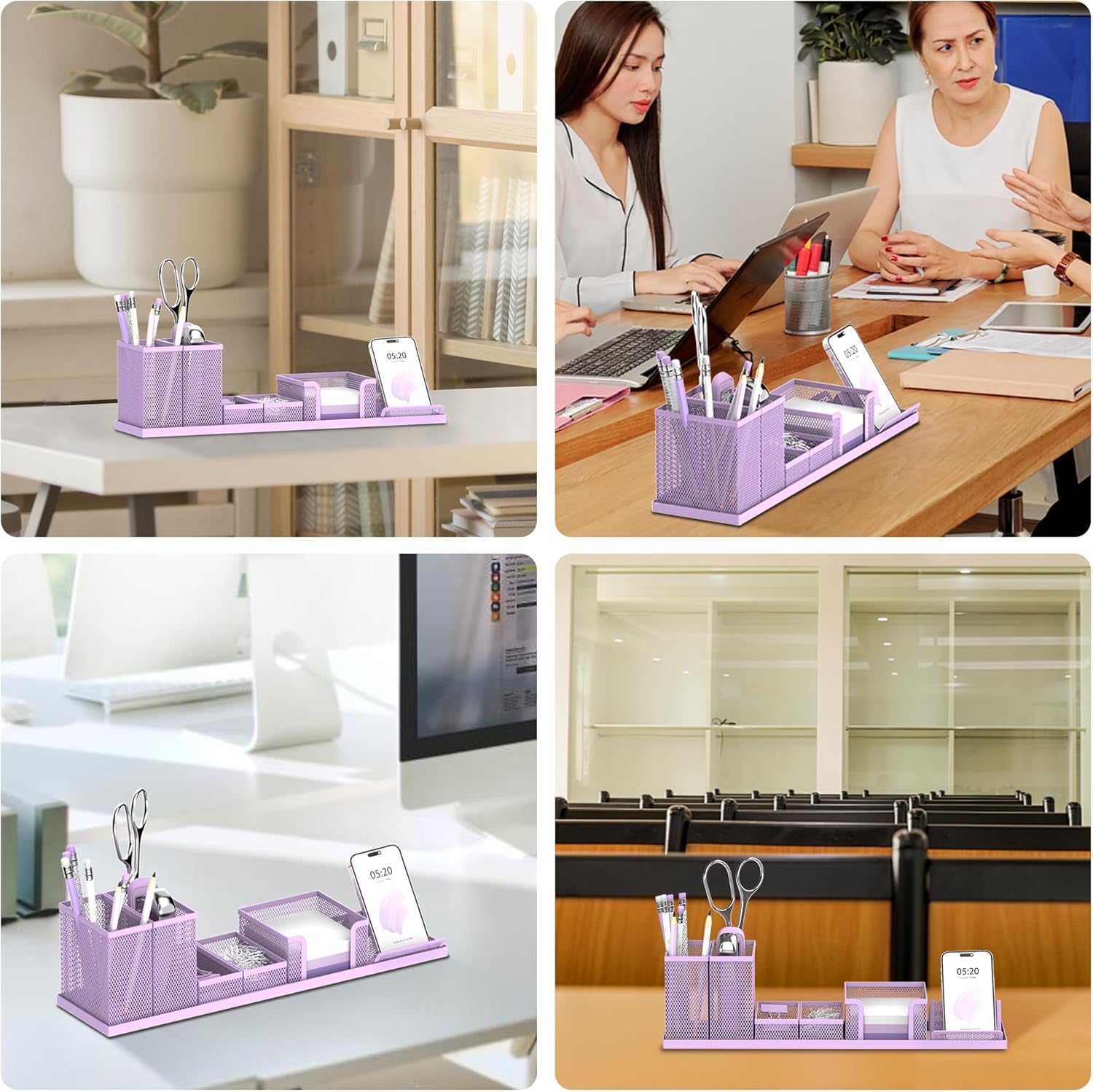 Pen Holder for Desk, 6 Piece Mesh Desk Organizer Set for Office Organization with Mail Organizer, Letter Phone Holder, Sticky Notes Caddy Storage, Purple