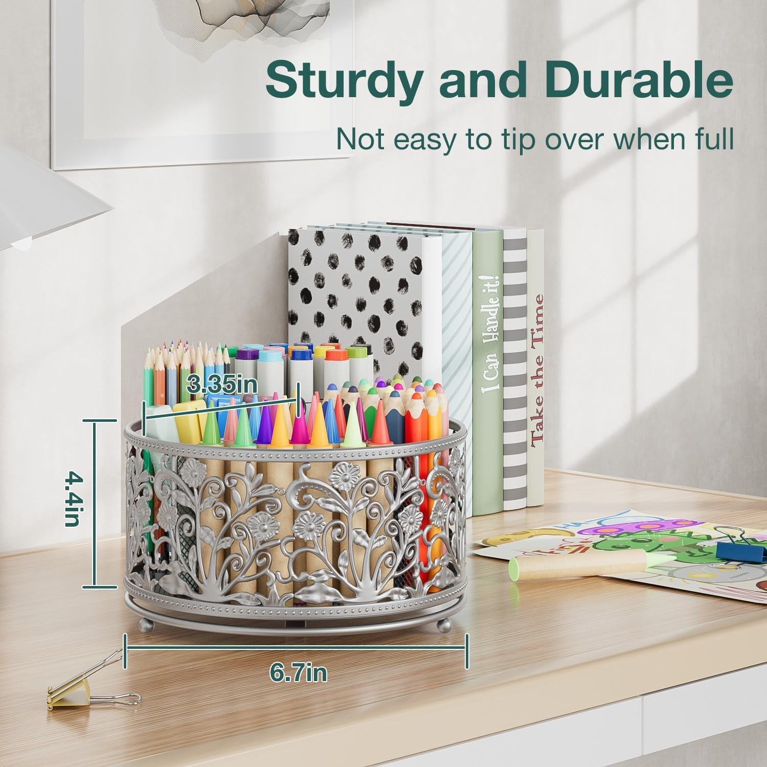 Pencil Pen Holder for Desk - Rotating Pencil Cup Organizer Cute Desktop Caddy with 4 Slots for Art Supplies School Home
