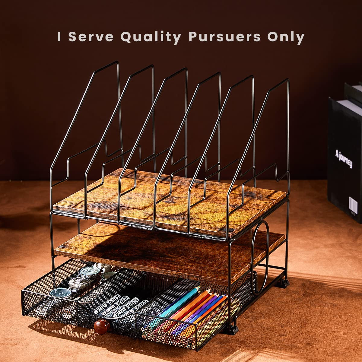 Desk Organizers, File Organizer for Desk, Wood Desk Organizer, Desktop File Organizer with Drawer, with 5 Upright File Holder Sorters, for Office Supplies Folder Organizer