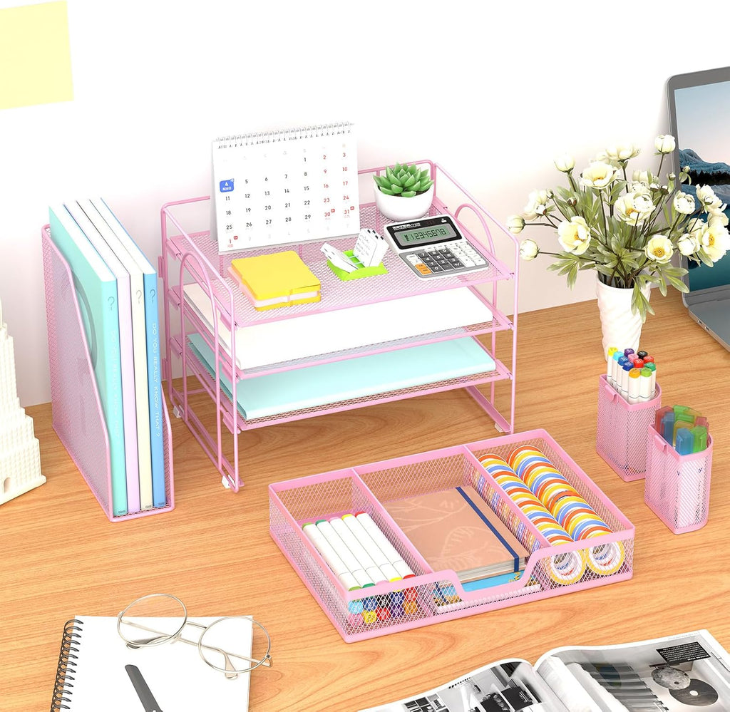 Desk Organizer and Accessories，4-Tier Paper Letter Tray Organizer with File Holder, Workspace Desk Organizers Accessories with Drawer and 2 Pen Holder (Pink, 15.4" X 9.1" X 8.3")