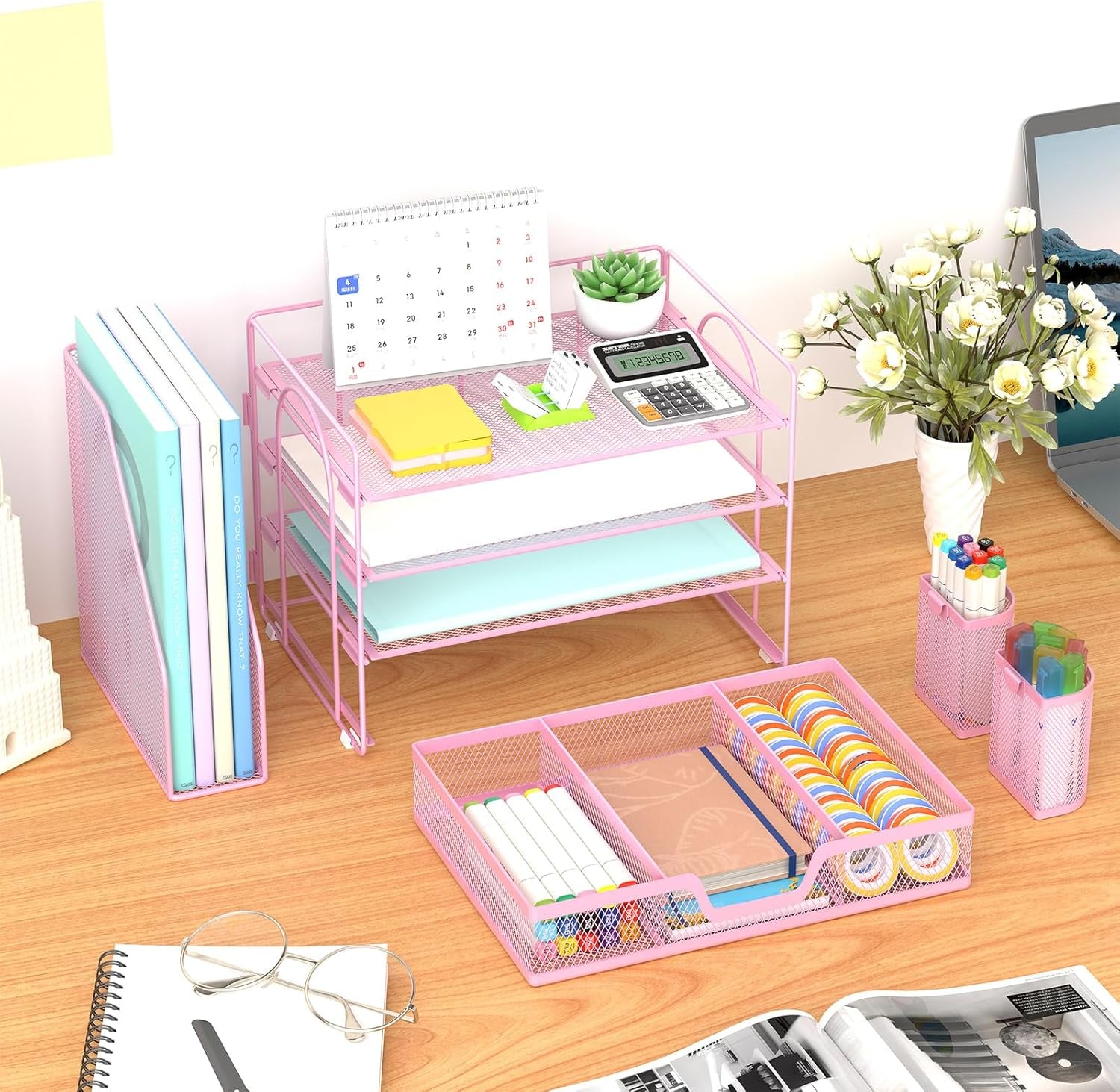 Desk Organizer and Accessories，4-Tier Paper Letter Tray Organizer with File Holder, Workspace Desk Organizers Accessories with Drawer and 2 Pen Holder (Pink, 15.4" X 9.1" X 8.3")