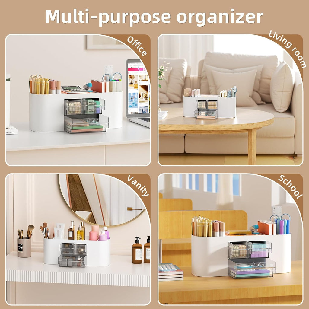 Desk Organizer Pen Holder for Desk with 3 Drawers, Multi-Functional Pencil Holder, Desk Organizers and Accessories with 7 Compartments for Home, School, Classroom(White)
