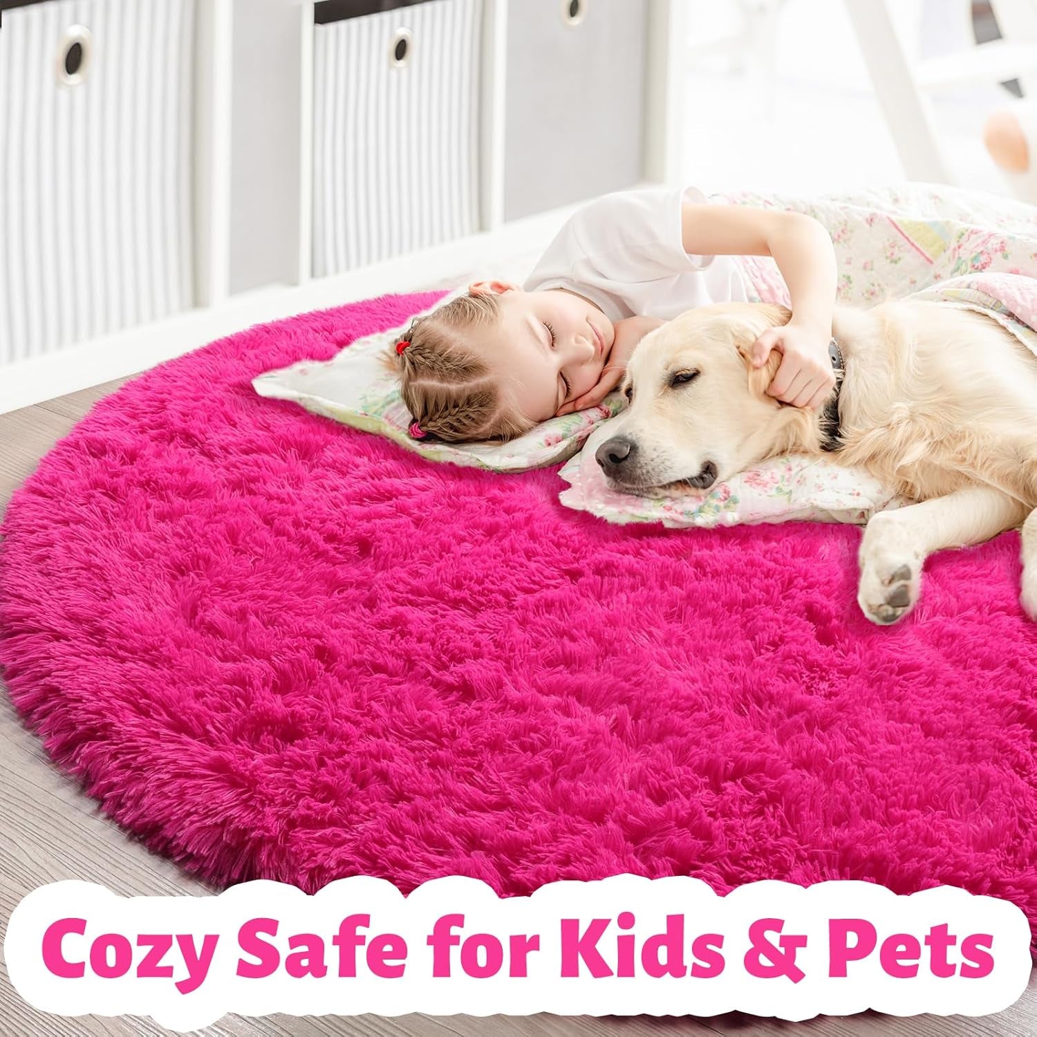 Hot Pink round Rug 4Ft for Girls Bedroom, Fluffy Circle Area Rugs for Kids Room Decor Aesthetic, Shag Plush Fuzzy Furry Carpet for Living Room, Nursery, Dorm, Classroom, Teen, Cute Baby Barbie Rug