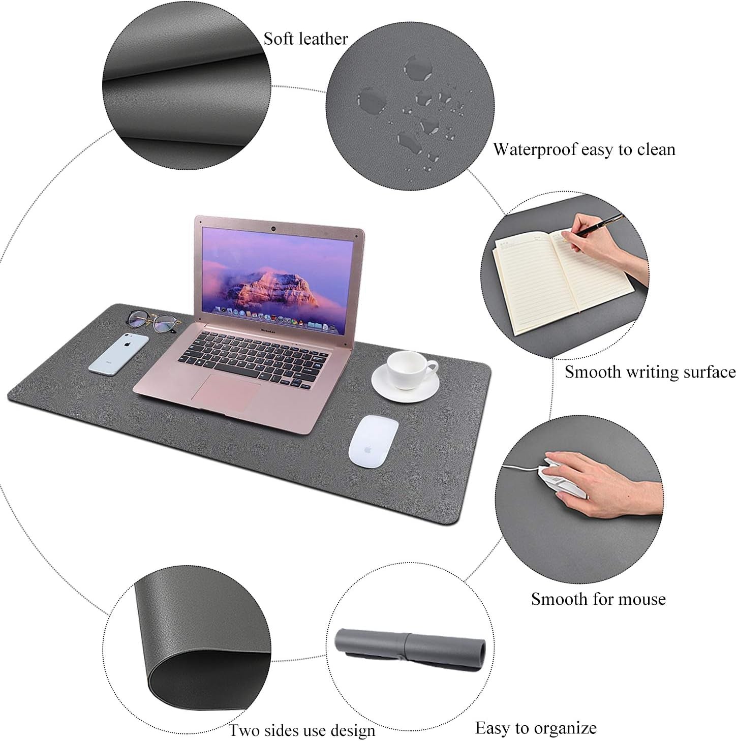 Desk Pad for Office Home 31" X 13",PU Leather Waterproof Large Desk Writing Mat Organizer,Multifunctional Ultra Thin Dual Use Desk Blotters Mouse Pad Protector … (Grey)