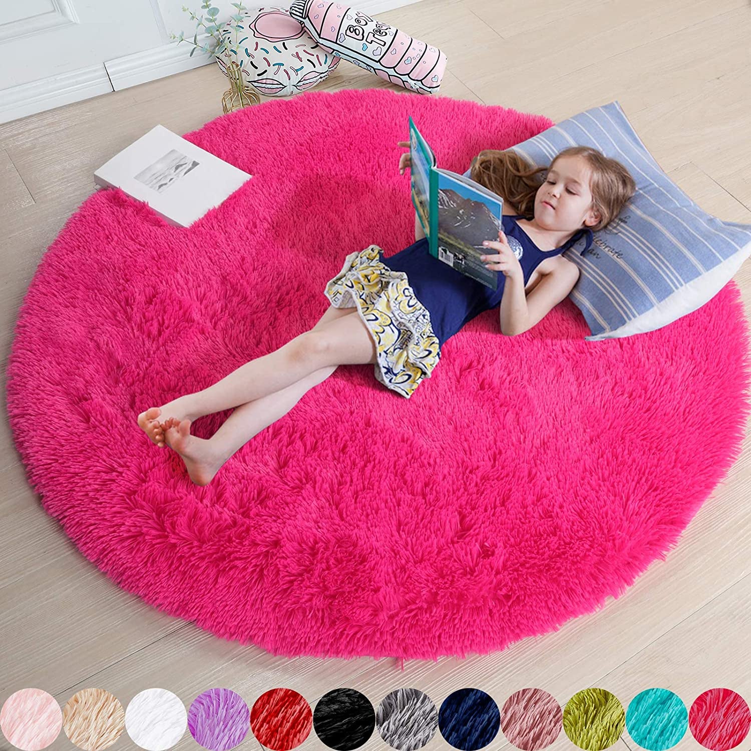 Hot Pink round Rug 4Ft for Girls Bedroom, Fluffy Circle Area Rugs for Kids Room Decor Aesthetic, Shag Plush Fuzzy Furry Carpet for Living Room, Nursery, Dorm, Classroom, Teen, Cute Baby Barbie Rug